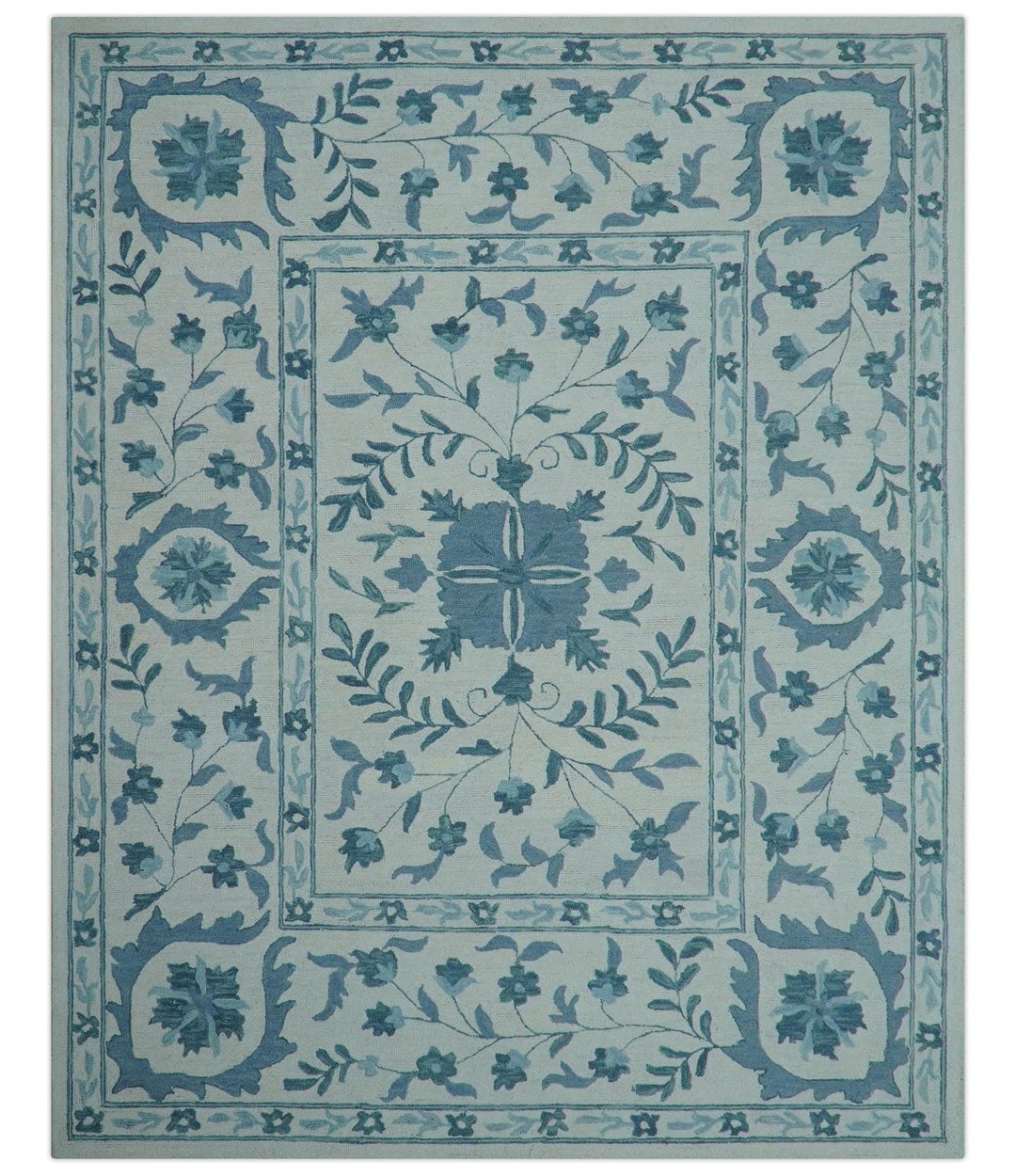 Custom Made Oriental Uzbek Design Floral Ivory And Blue Hand Tufted Wool Area Rug