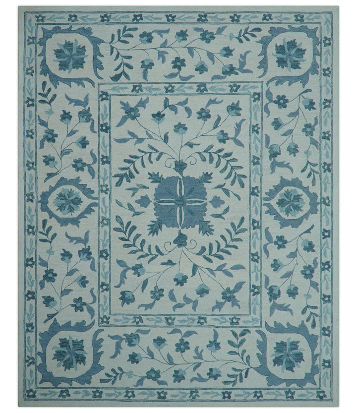 Custom Made Oriental Uzbek Design Floral Ivory And Blue Hand Tufted Wool Area Rug