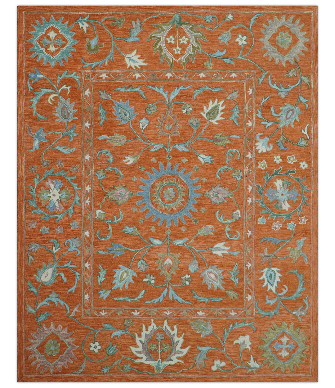 Custom Made Oriental Uzbek Design Floral Rust Hand Tufted Wool Area Rug