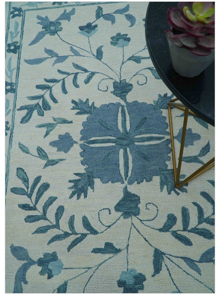 Custom Made Oriental Uzbek Design Floral Ivory And Blue Hand Tufted Wool Area Rug