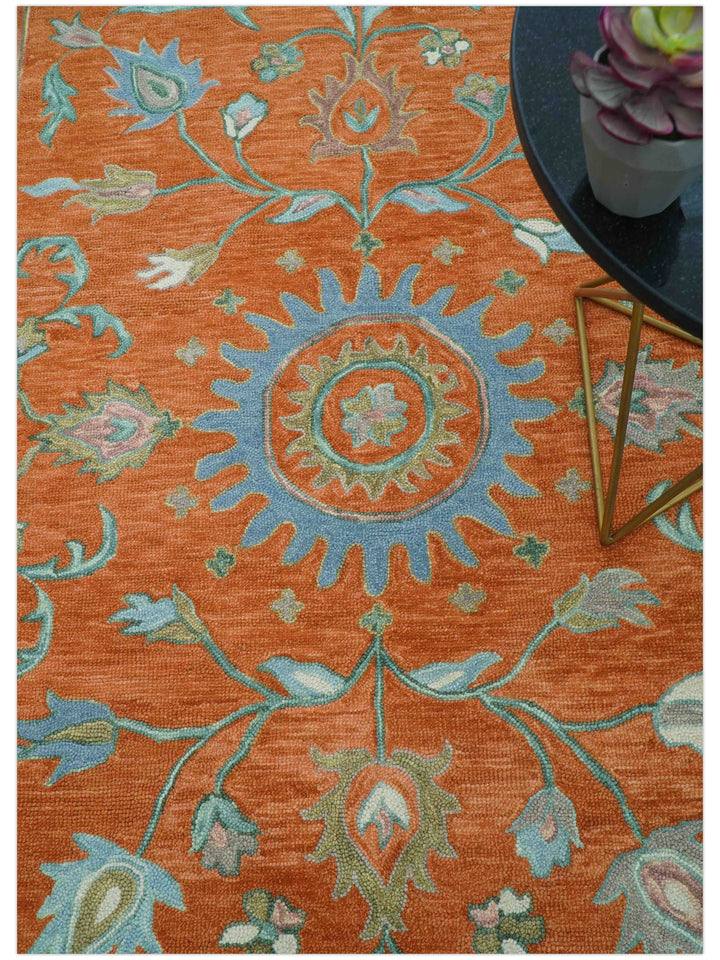 Custom Made Oriental Uzbek Design Floral Rust Hand Tufted Wool Area Rug