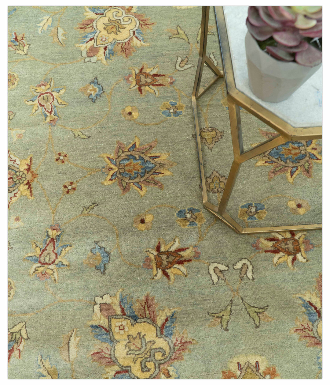 Traditional Oushak Design Green, Blue And Rust 6.5x8 Hand Knotted wool rug