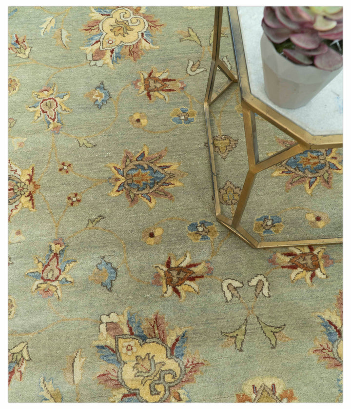 Traditional Oushak Design Green, Blue And Rust 6.5x8 Hand Knotted wool rug