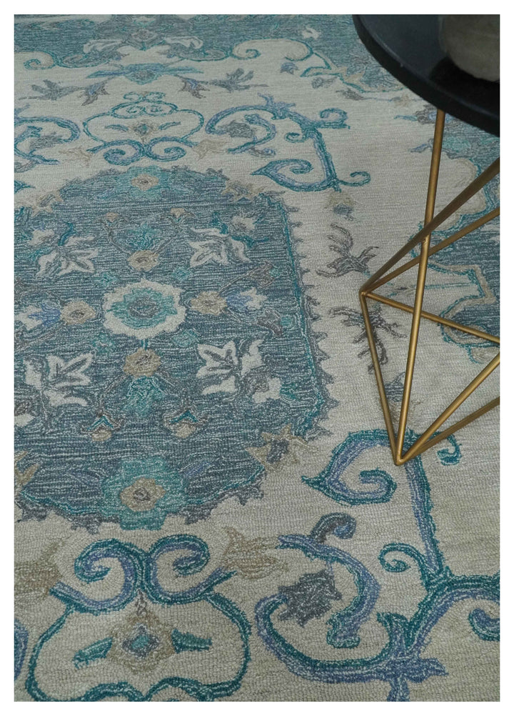 French Design Aubusson 8x10 Ivory and Blue Hand Tufted Wool Area Rug