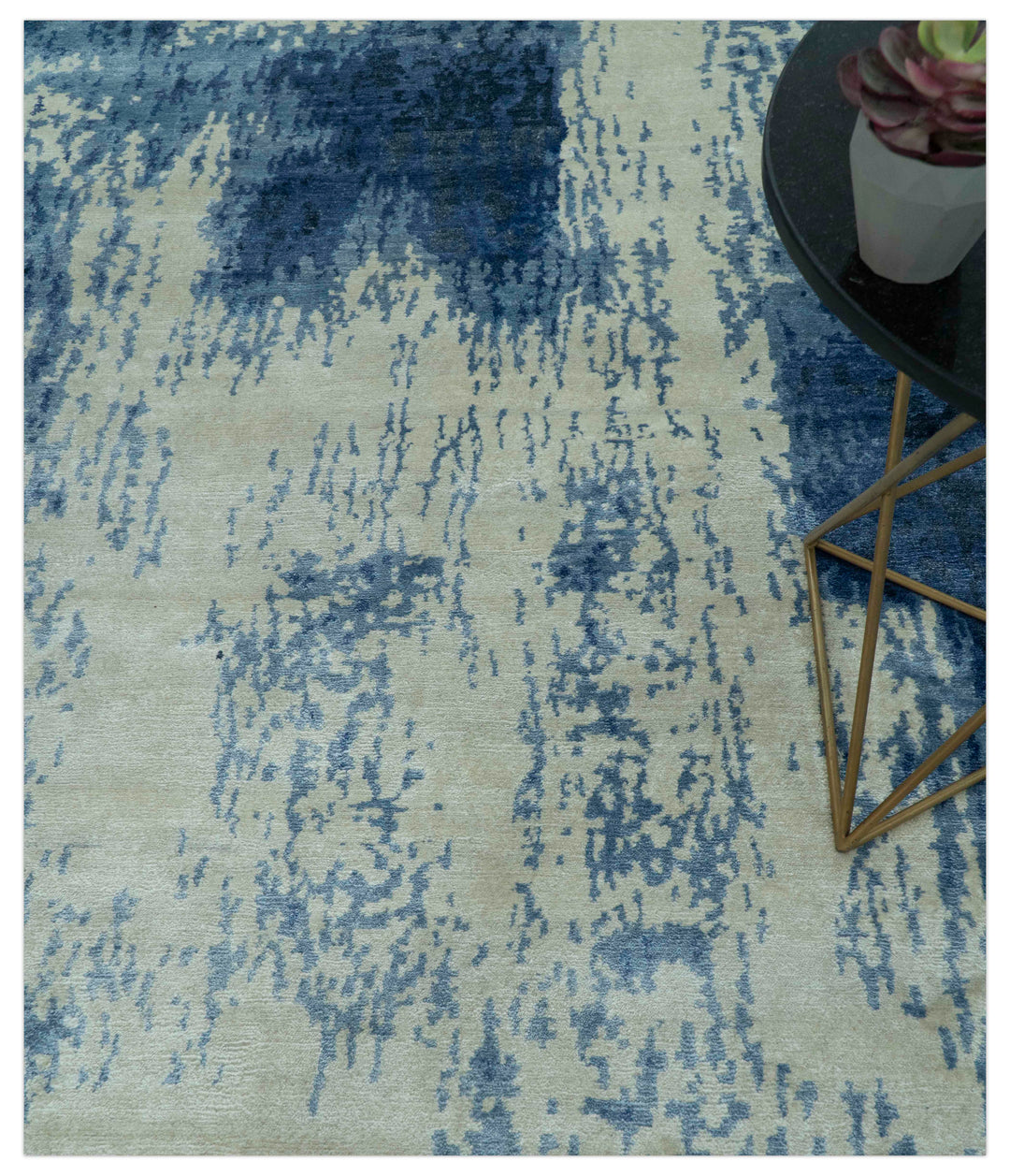 Modern Abstract Design Beige And Blue 9x12 Hand Knotted Bamboo Silk Area Rug