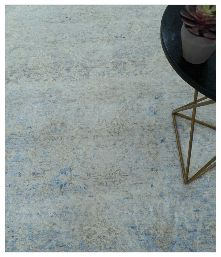Modern Abstract Design Gray And Blue 10x13 Hand Knotted Bamboo Silk Area Rug