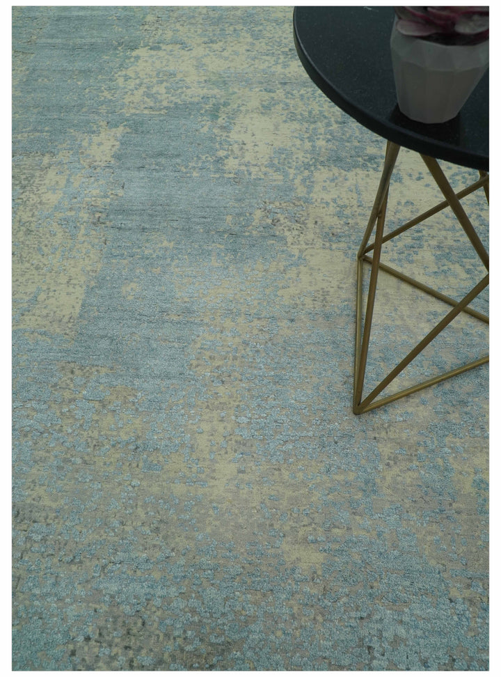 Abstract Design Blue, Beige And Gray 8x10 Hand Knotted Wool and Bamboo Silk Rug