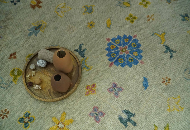Beige and Blue Hand Knotted 8x10 Traditional Floral wool area rug