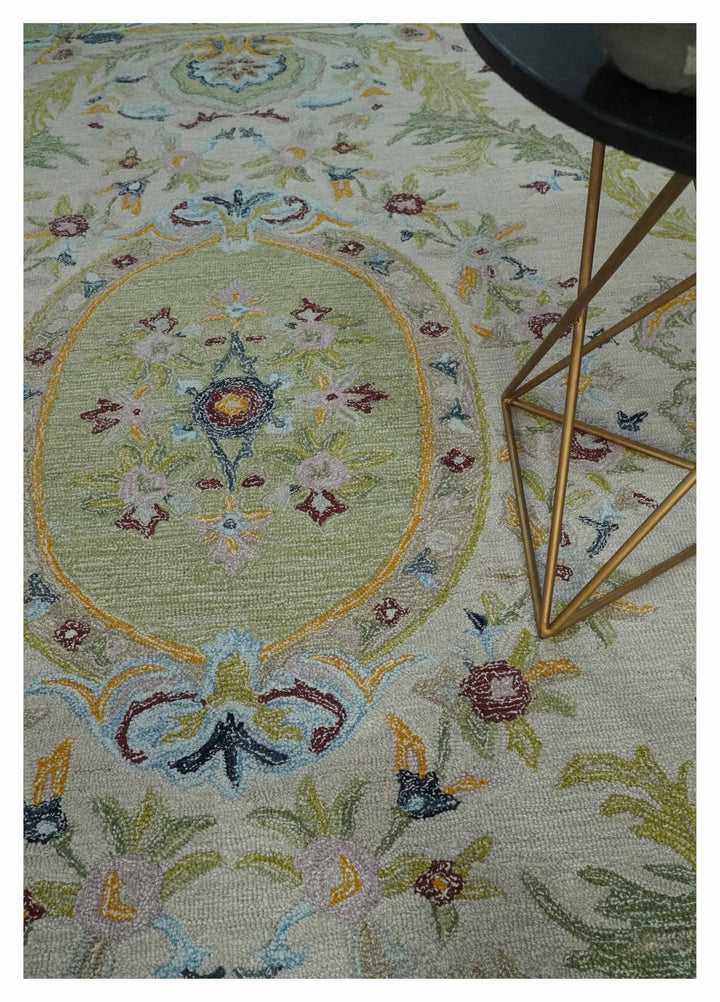 Ivory and Green 8x10 French Design Aubusson Hand Tufted Wool Area Rug