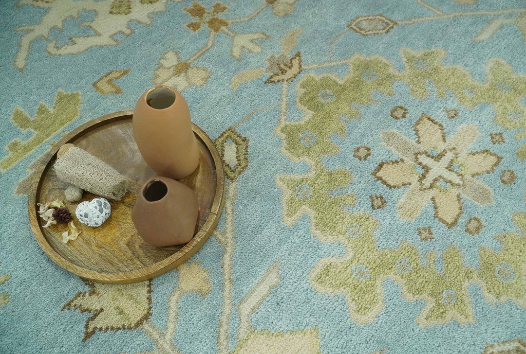 Light Blue, Beige and Ivory Hand knotted 8x10 Traditional Oriental Oushak wool rug