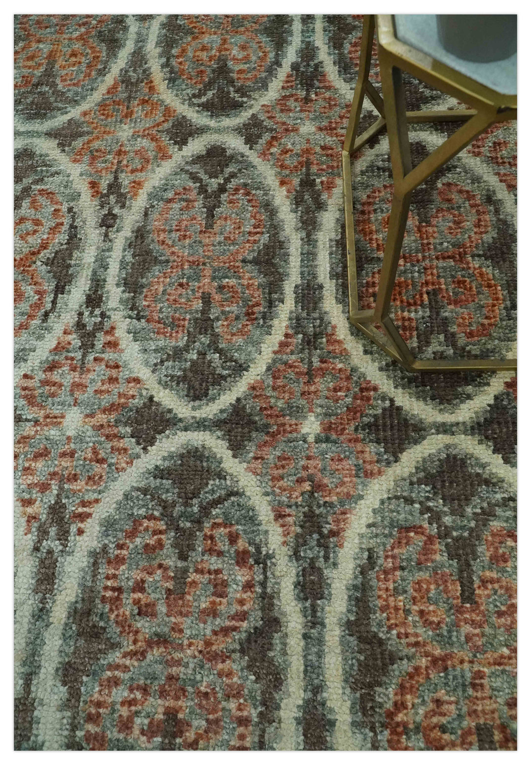 Geometrical Floral Design 5x8.6 Charcoal, Ivory and Rust Hand Knotted wool rug