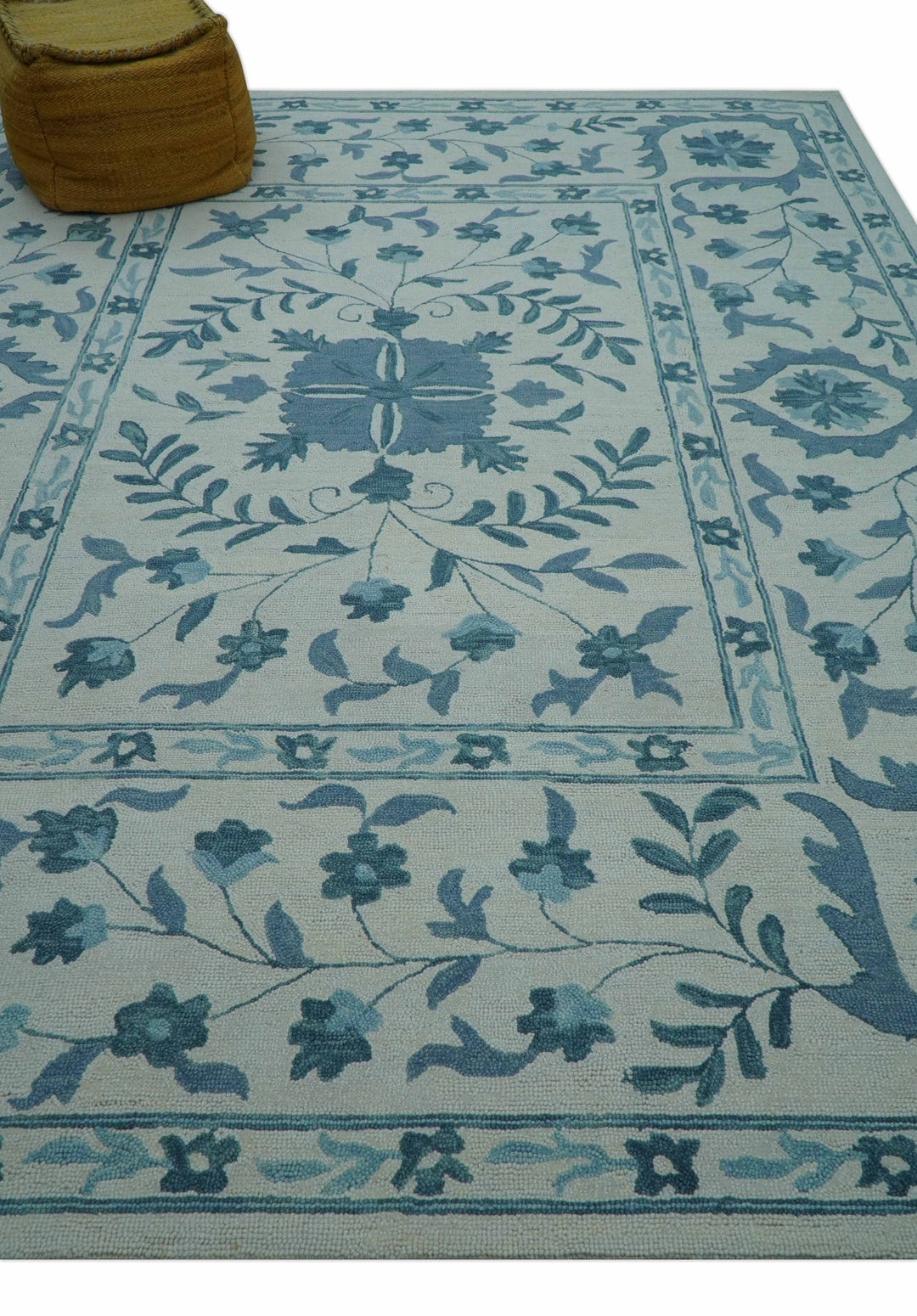 Custom Made Oriental Uzbek Design Floral Ivory And Blue Hand Tufted Wool Area Rug