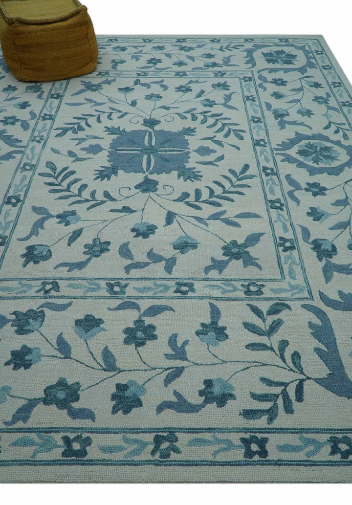 Custom Made Oriental Uzbek Design Floral Ivory And Blue Hand Tufted Wool Area Rug