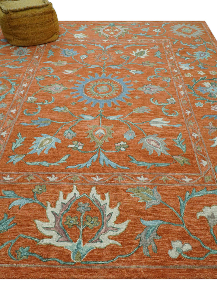 Custom Made Oriental Uzbek Design Floral Rust Hand Tufted Wool Area Rug