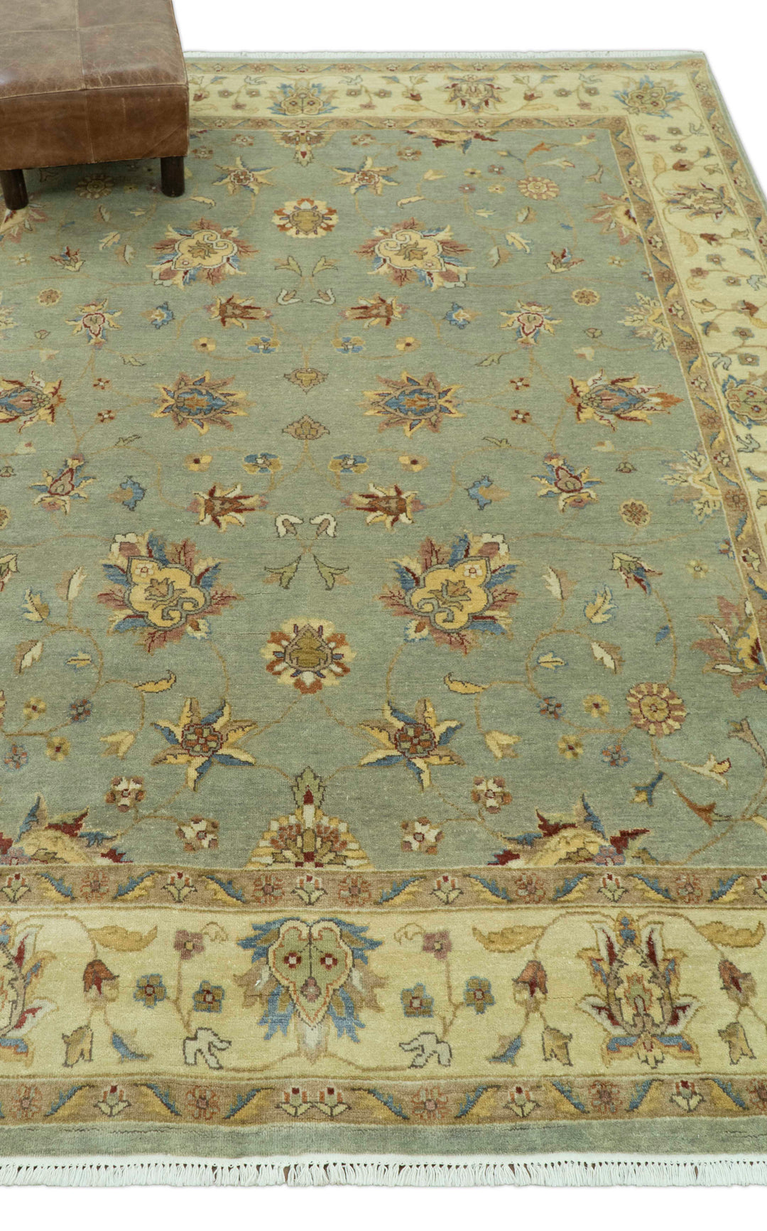 Traditional Oushak Design Green, Blue And Rust 6.5x8 Hand Knotted wool rug