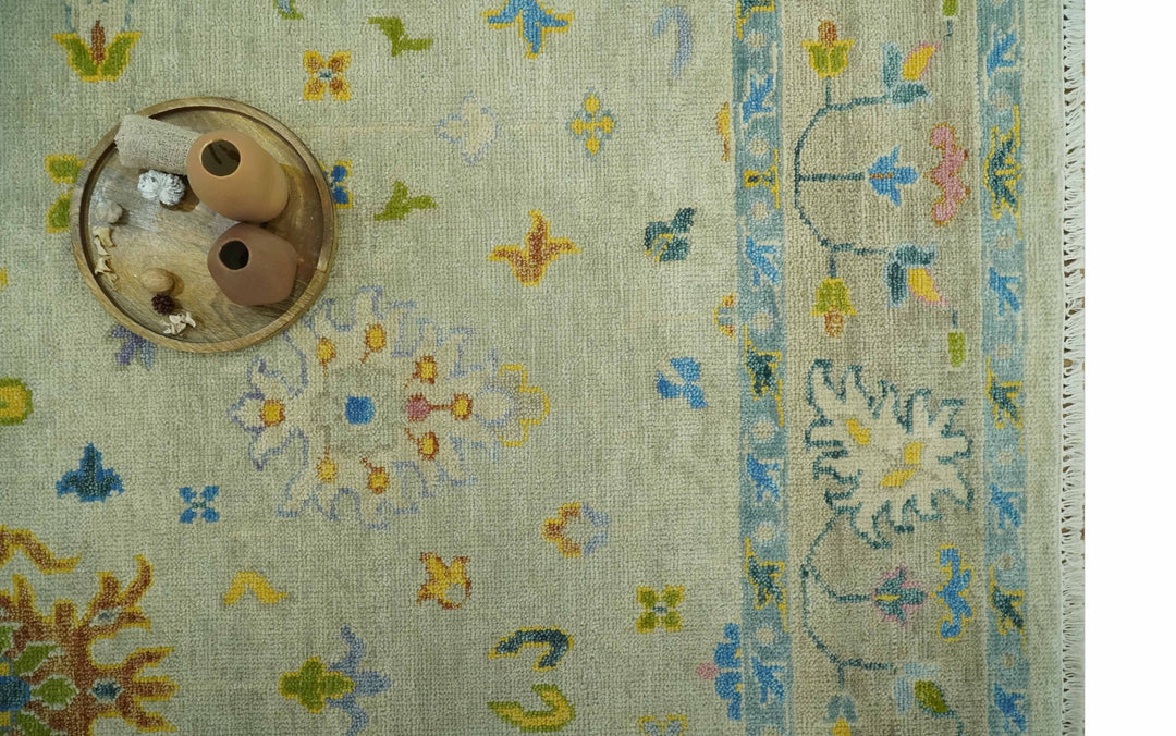 Beige and Blue Hand Knotted 8x10 Traditional Floral wool area rug