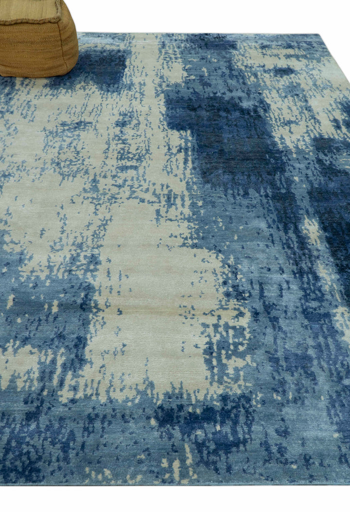 Modern Abstract Design Beige And Blue 9x12 Hand Knotted Bamboo Silk Area Rug