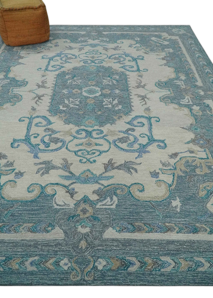 French Design Aubusson 8x10 Ivory and Blue Hand Tufted Wool Area Rug