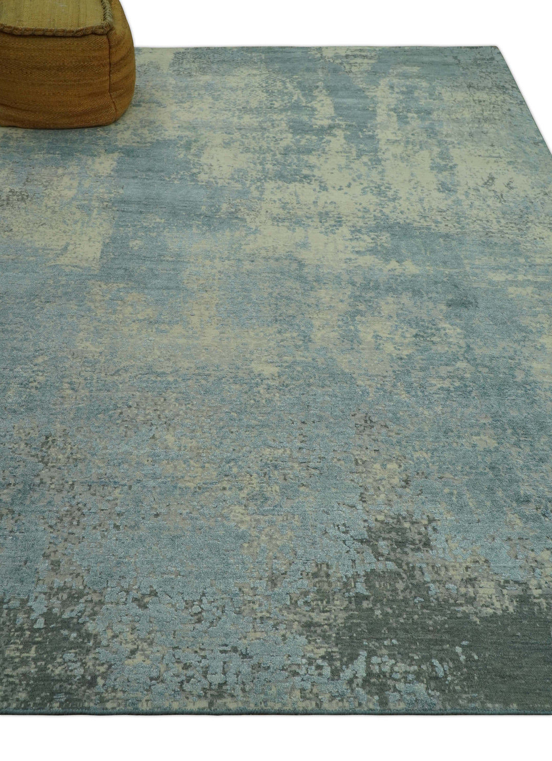 Abstract Design Blue, Beige And Gray 8x10 Hand Knotted Wool and Bamboo Silk Rug