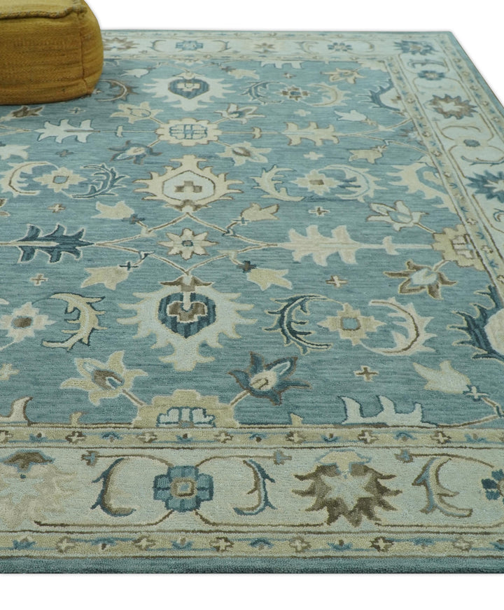 Custom Made Aqua, Ivory and Beige Hand Tufted Oriental Oushak wool area rug