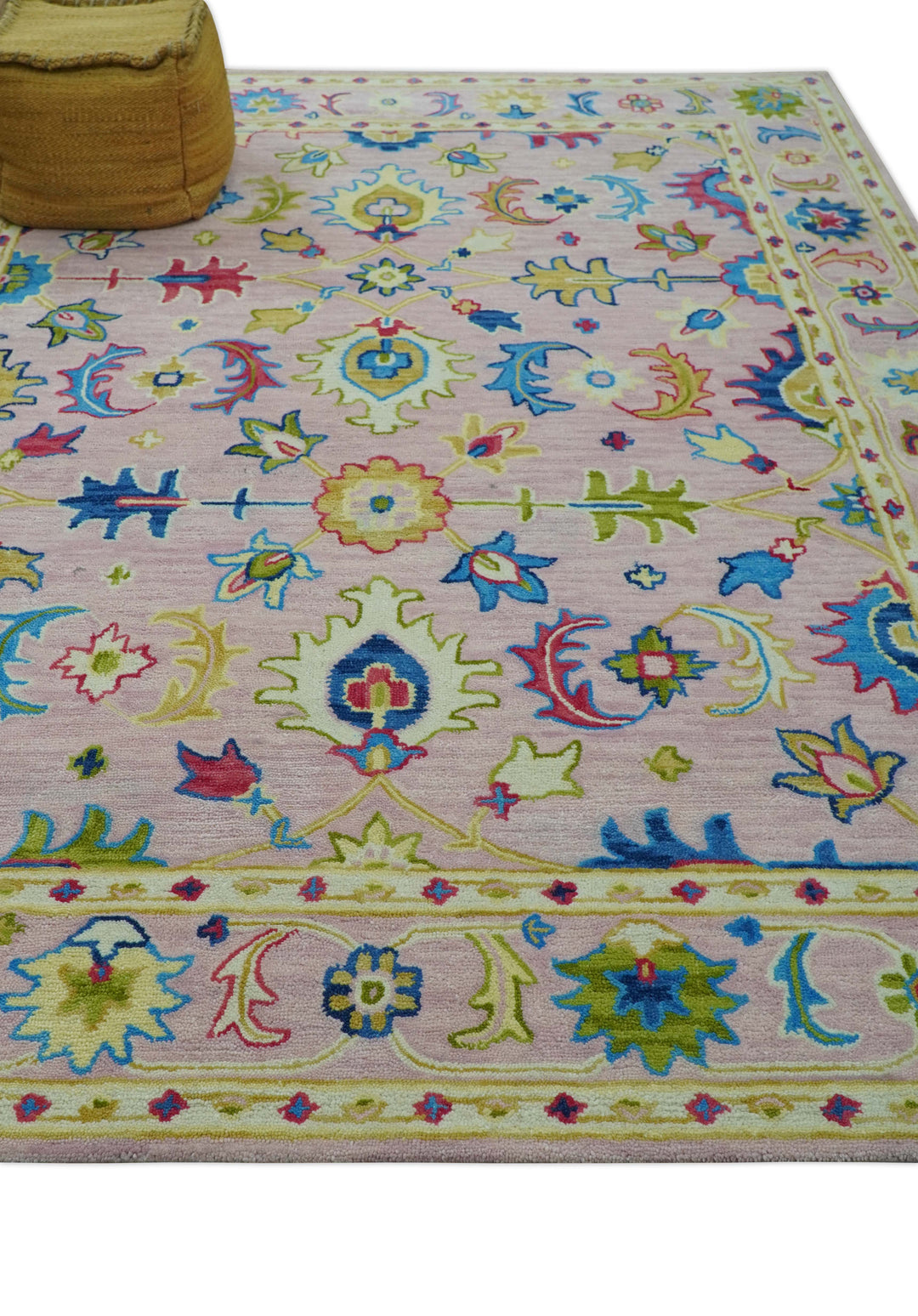 Vibrant Colorful Pink, Olive and Blue Oriental Oushak Hand Tufted Multi Size area rug