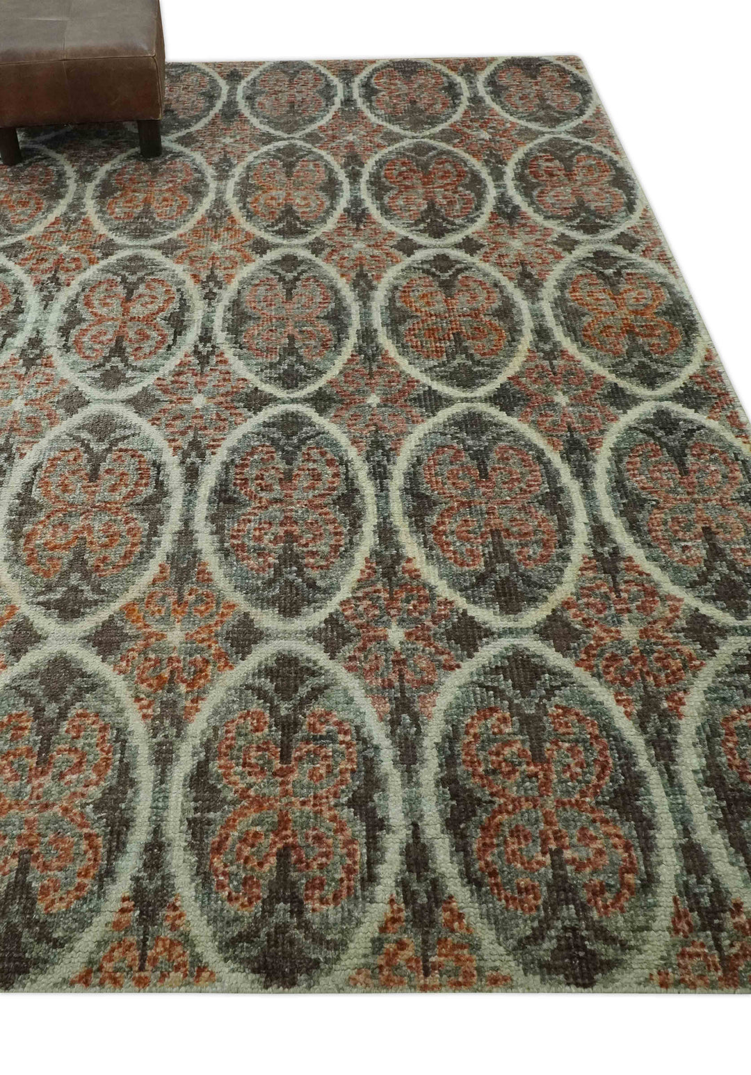 Geometrical Floral Design 5x8.6 Charcoal, Ivory and Rust Hand Knotted wool rug