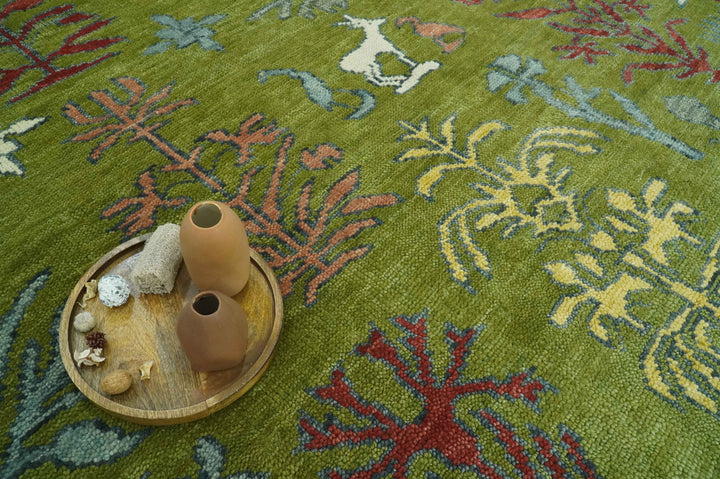 Tree Green, Silver, Maroon Hand Knotted 8x10 wool Area Rug