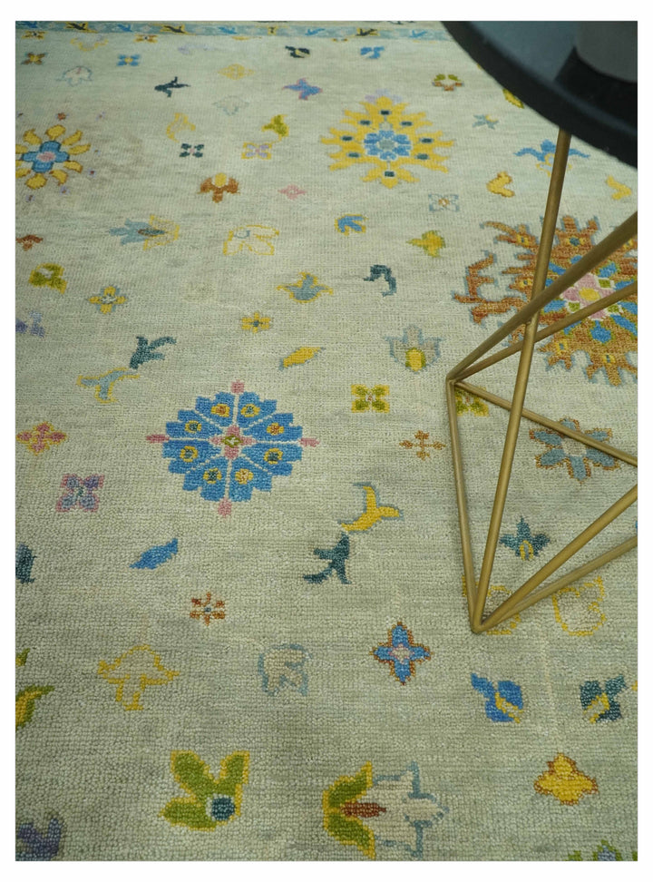 Beige and Blue Hand Knotted 8x10 Traditional Floral wool area rug
