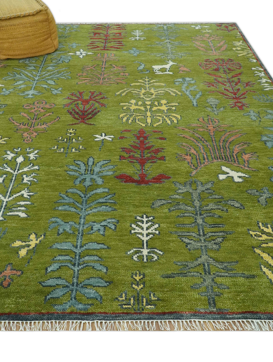 Tree Green, Silver, Maroon Hand Knotted 8x10 wool Area Rug