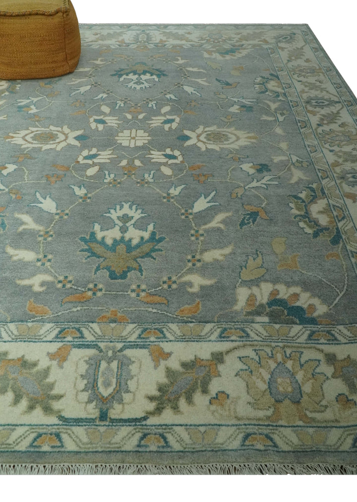 8x10 Traditional Floral Silver and Ivory Hand Knotted wool area rug