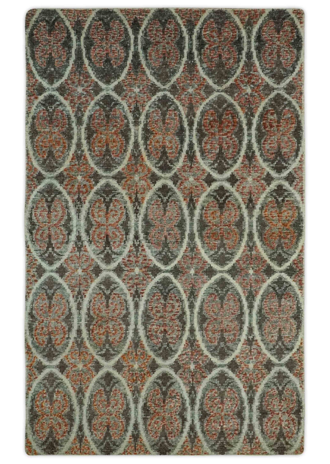 Geometrical Floral Design 5x8.6 Charcoal, Ivory and Rust Hand Knotted wool rug