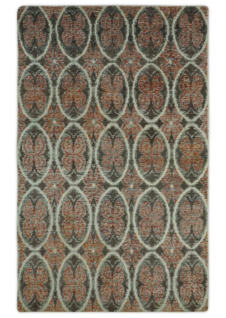 Geometrical Floral Design 5x8.6 Charcoal, Ivory and Rust Hand Knotted wool rug