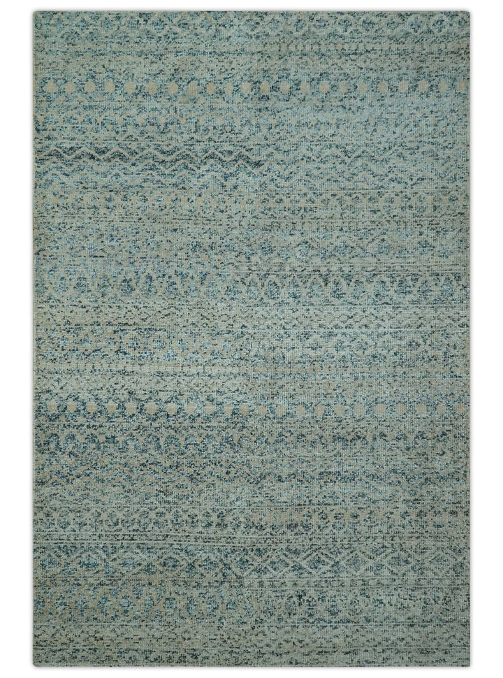 6X9 Teal and Beige Hand Knotted Southwestern Tribal Trellis recycled silk Rug