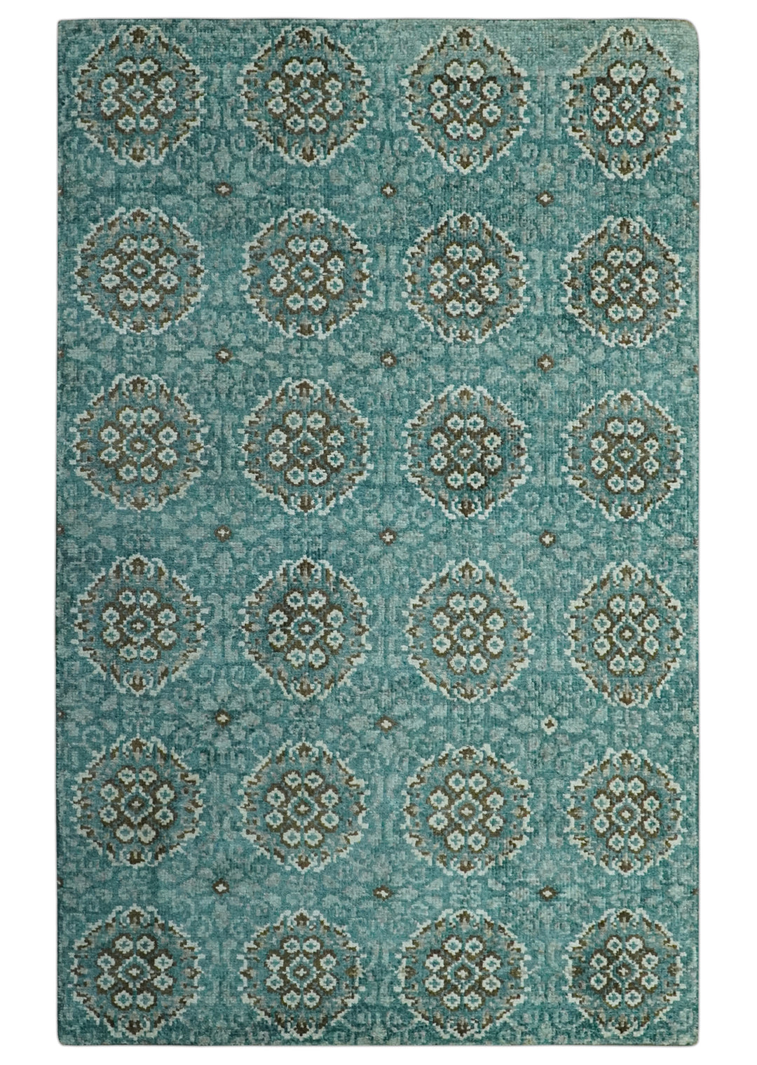 5x8 Traditional Damask Floral Design Blue, Ivory and Olive wool area rug