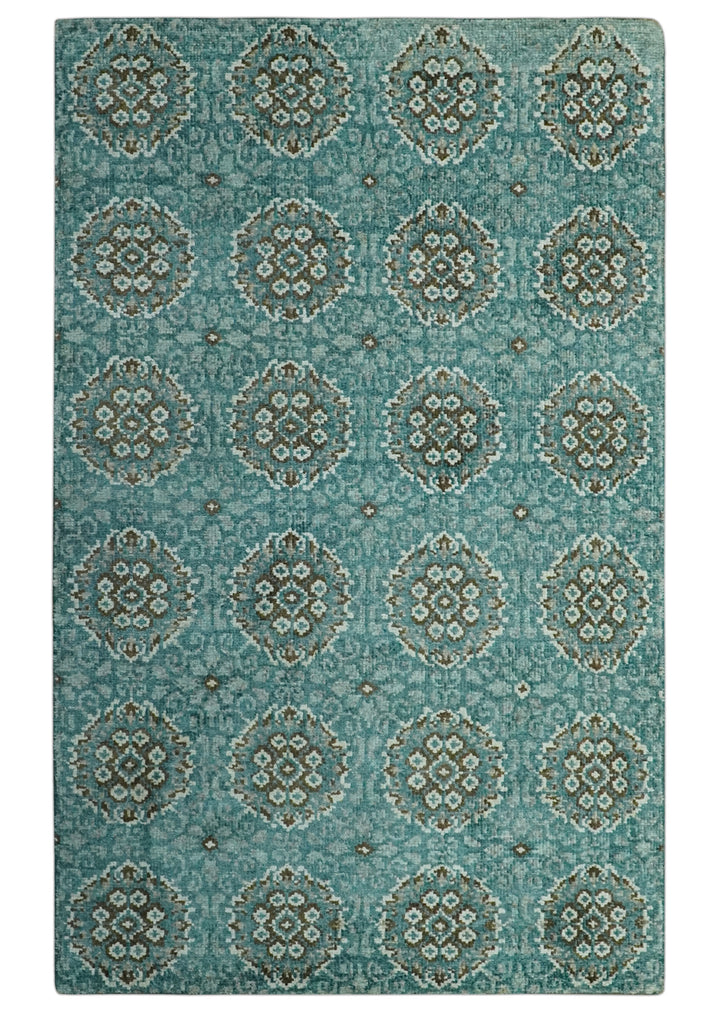 5x8 Traditional Damask Floral Design Blue, Ivory and Olive wool area rug