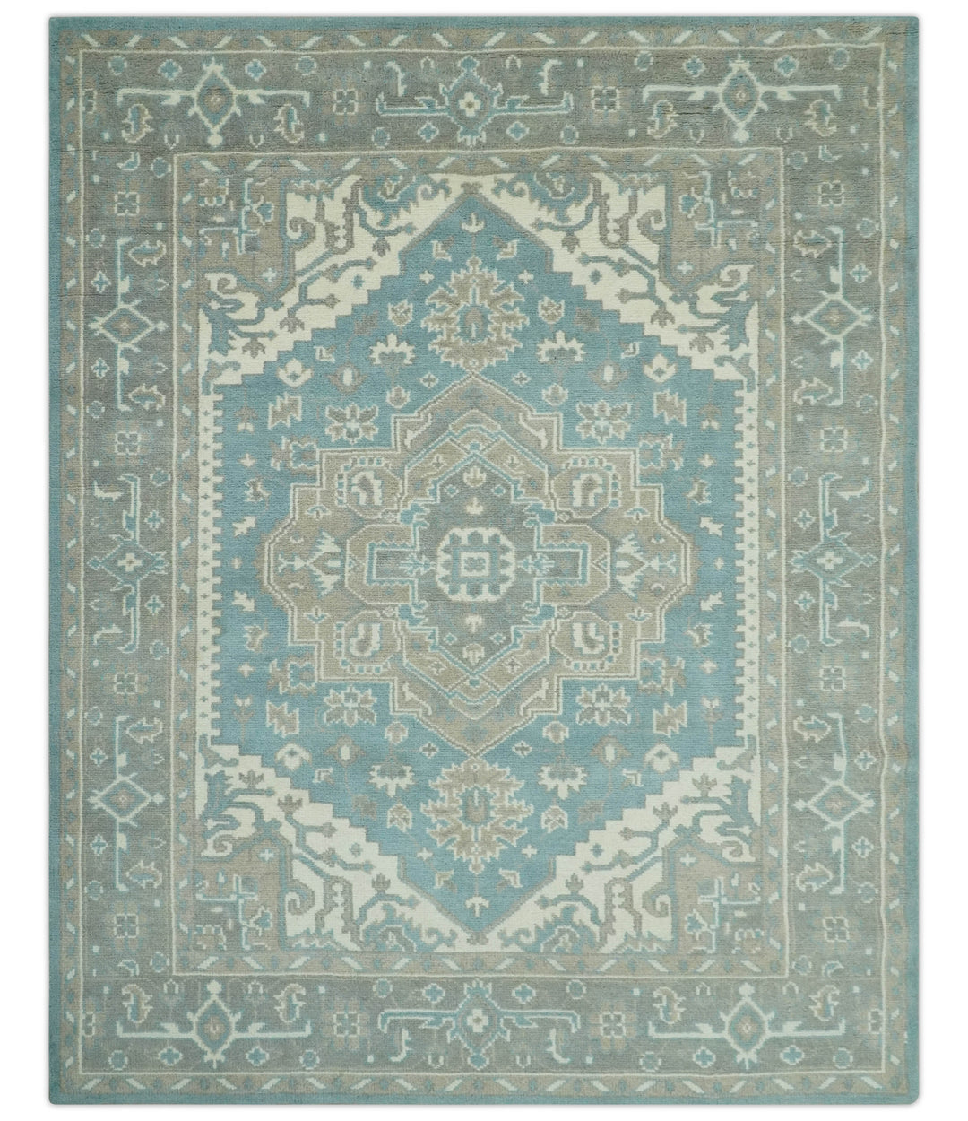 Custom Made Hand Knotted Blue, Ivory, Camel and Gray Traditional Heriz wool rug