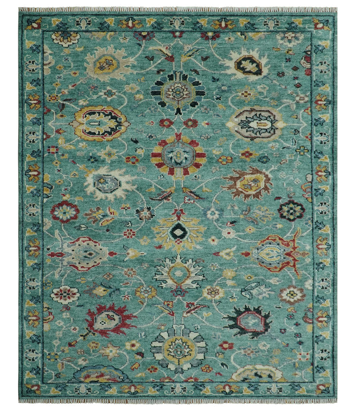 Teal And Yellow Modern Oushak Style Hand Knotted Custom Made Wool Rug