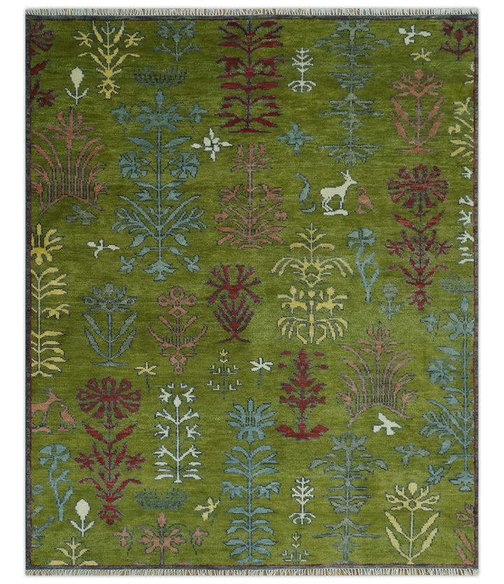 Tree Green, Silver, Maroon Hand Knotted 8x10 wool Area Rug