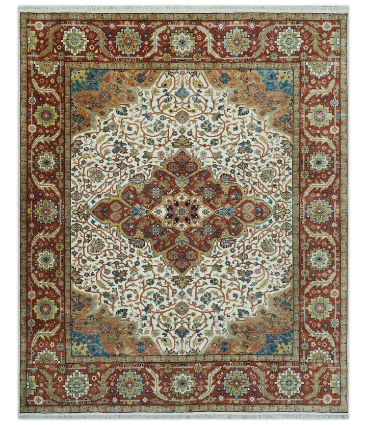 Premium Fine Floral Ivory and Rust Traditional Heriz 9x12 Hand Knotted wool area rug