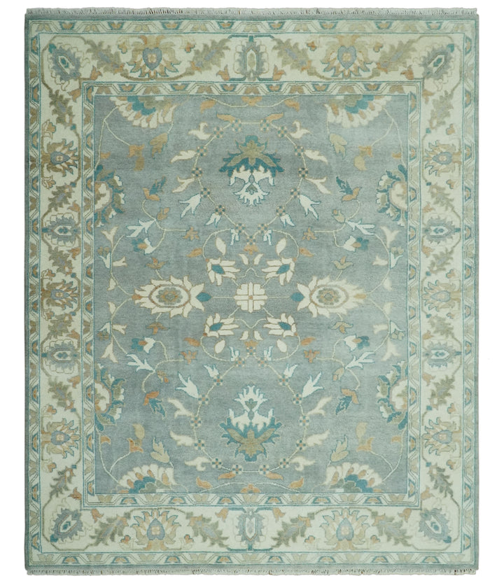 8x10 Traditional Floral Silver and Ivory Hand Knotted wool area rug