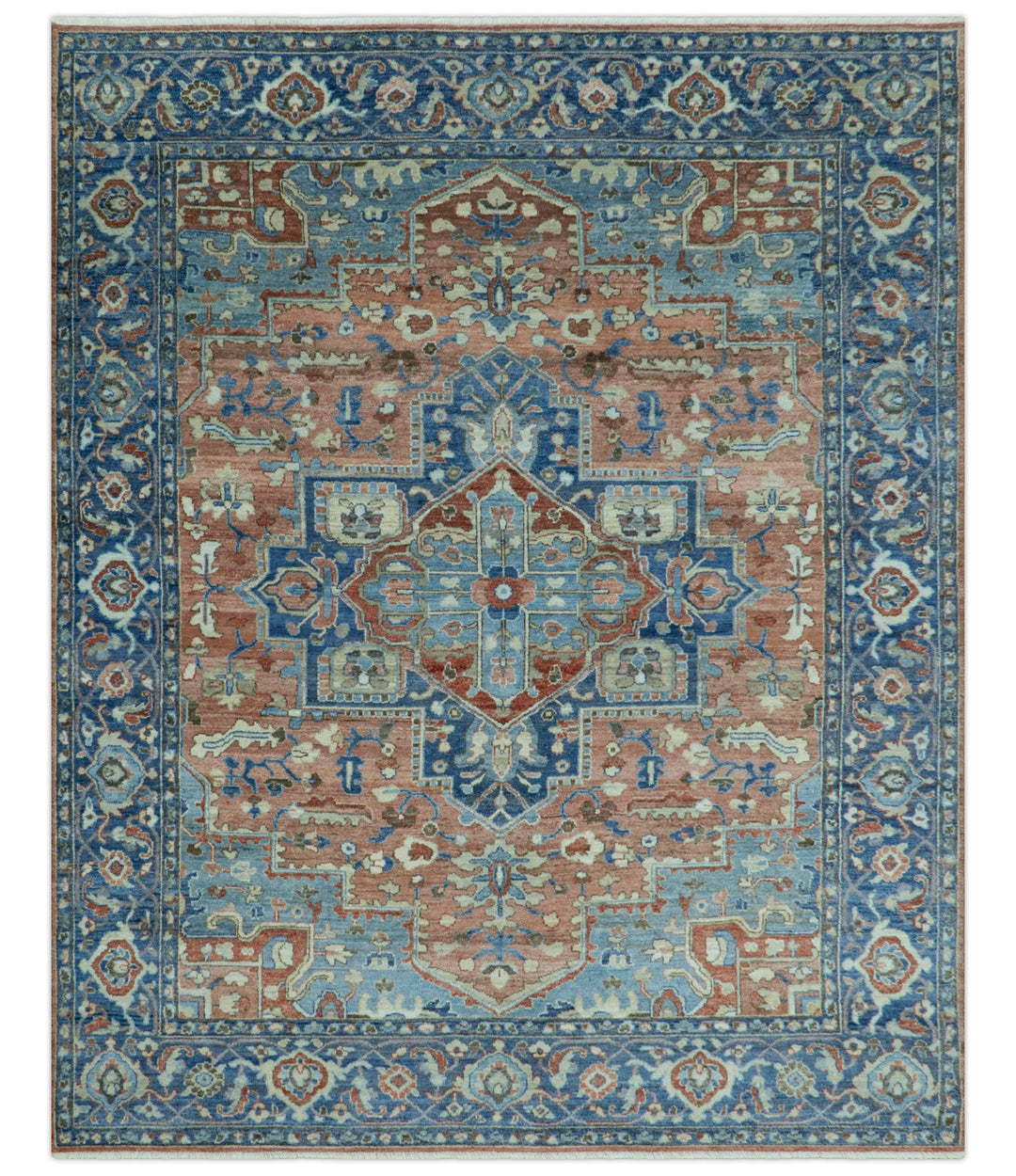 Traditional Serapi Design Rust And Blue Hand Knotted 8x10 Wool Area Rug