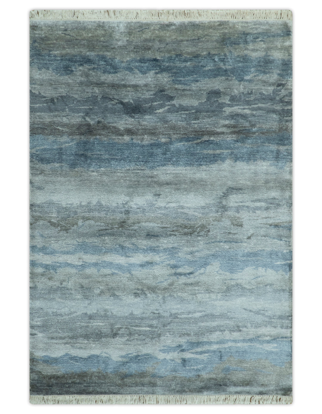 Modern Abstract Pattern Blue And Silver Hand Knotted 4x6 Bamboo Silk Area Rug