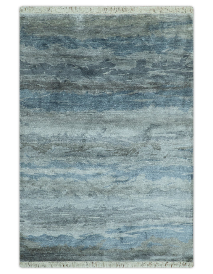 Modern Abstract Pattern Blue And Silver Hand Knotted 4x6 Bamboo Silk Area Rug