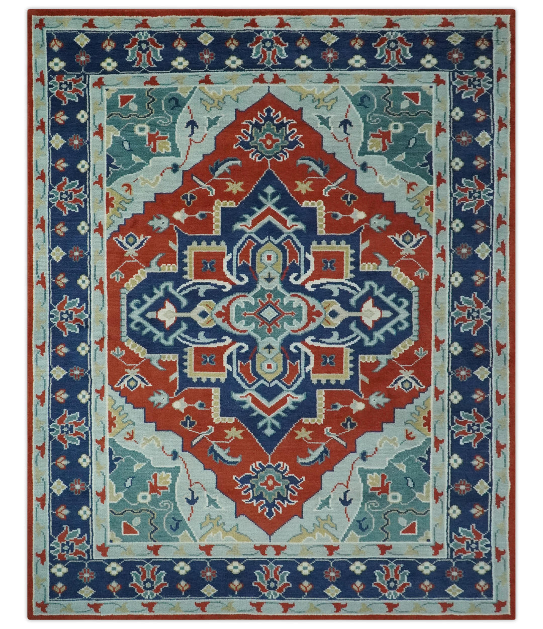 Custom Made Rust, Blue and Silver hand knotted Traditional Heriz wool area rug