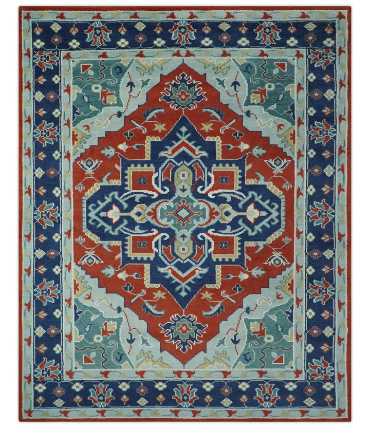 Custom Made Rust, Blue and Silver hand knotted Traditional Heriz wool area rug