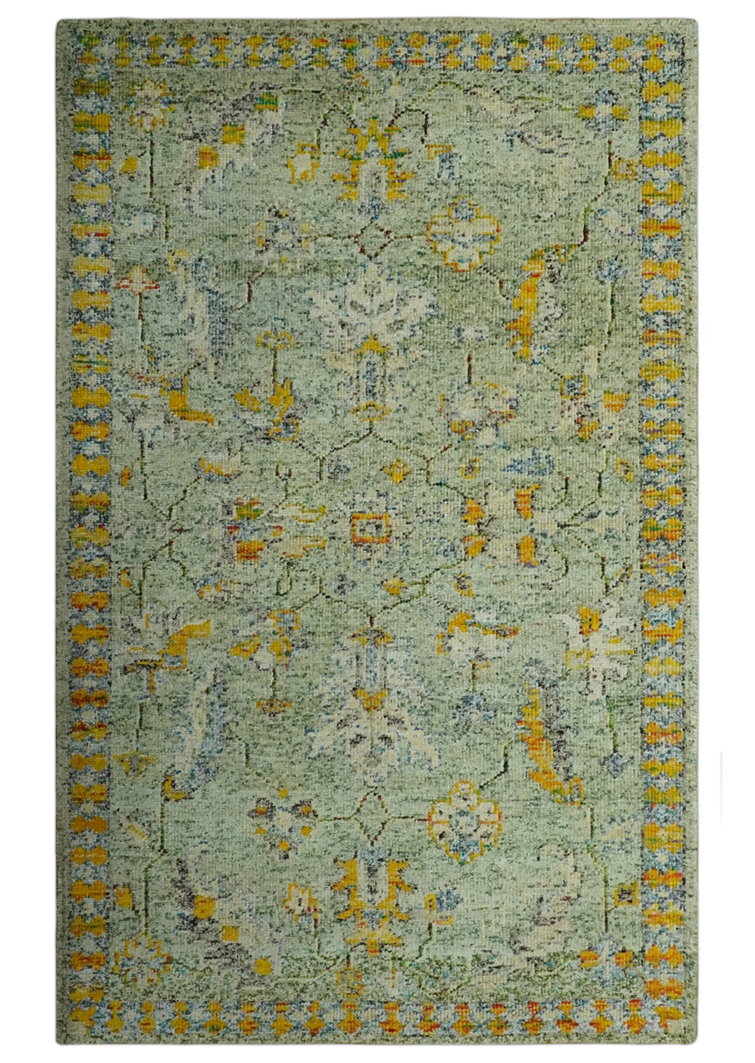 Green, Gold and Ivory 5x8 Hand knotted Traditional Oriental Oushak wool area rug