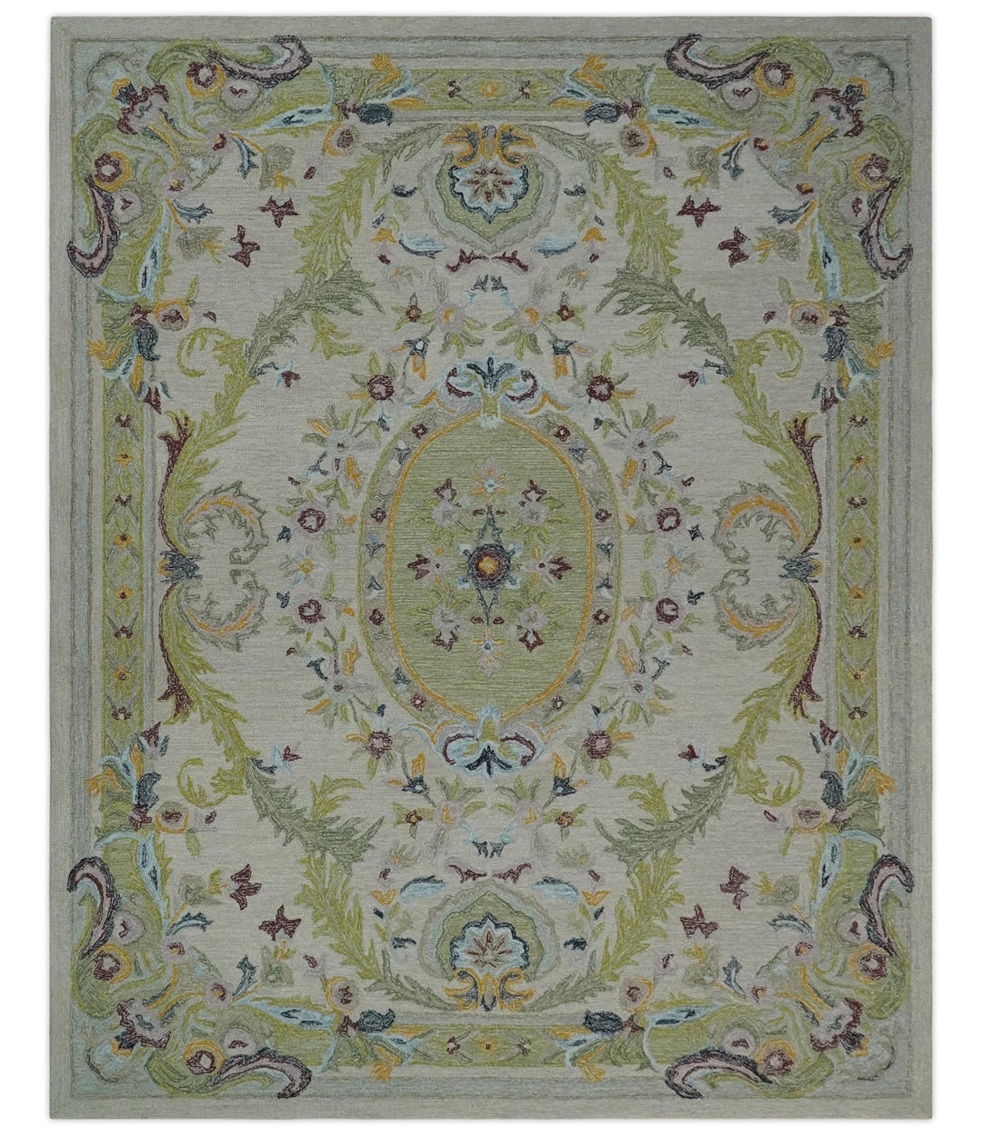 Ivory and Green 8x10 French Design Aubusson Hand Tufted Wool Area Rug