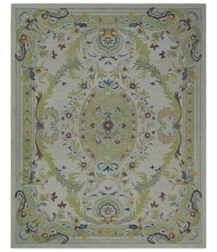 Ivory and Green 8x10 French Design Aubusson Hand Tufted Wool Area Rug