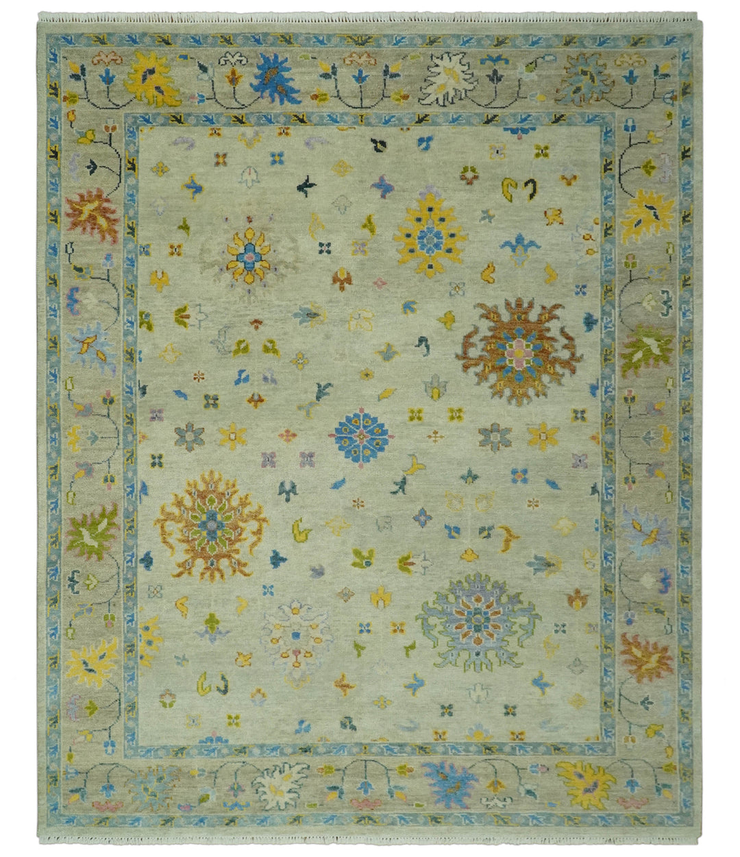 Beige and Blue Hand Knotted 8x10 Traditional Floral wool area rug