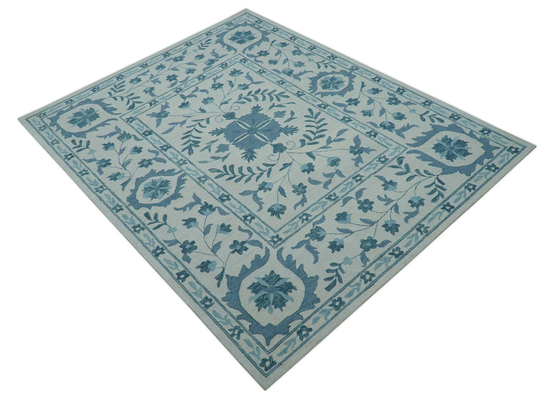 Custom Made Oriental Uzbek Design Floral Ivory And Blue Hand Tufted Wool Area Rug